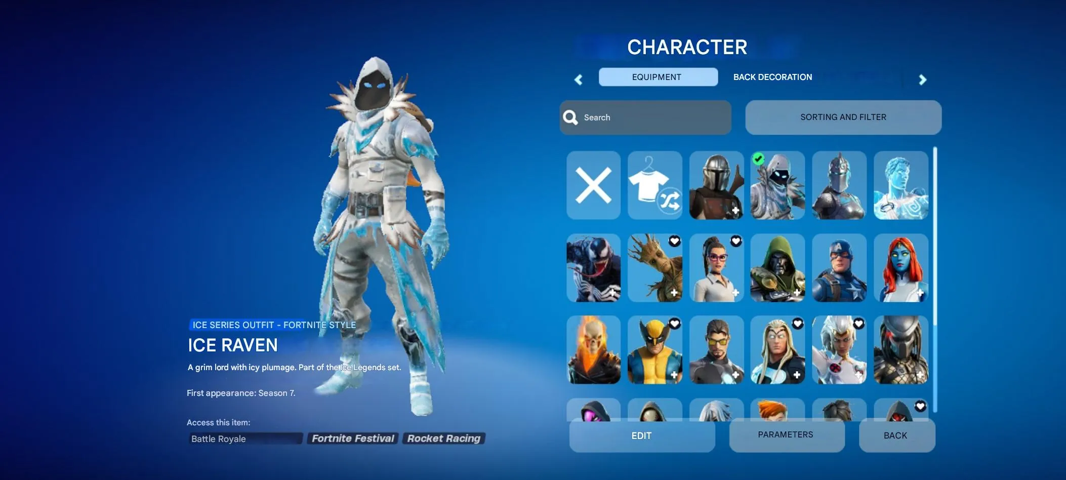 F1047 Marvel Skins Collection, Legendary Skins, Ice Raven, Groot Axes, Fishstick-Janky, Midas Shadow Wrap, 40 Emotes 